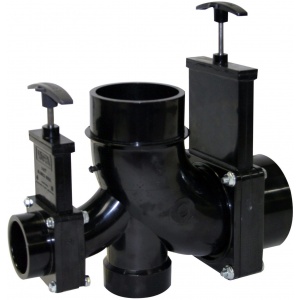 Ell Double Rotating Valve, 3″ Hub x 1-1/2″ Hub x 2″ Hub x 3″ Spigot Outlet